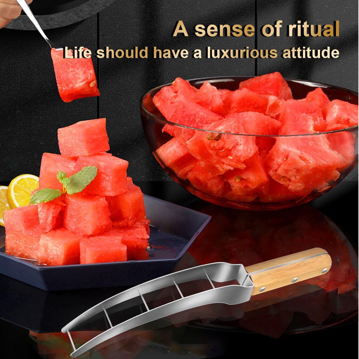 Watermelon Cutter Slicer With Mini 2pcs Shovel Cut Watermelon Into Cubes Knife Melon Baller for Kitchen Gadgets Useful Cool Tool 306 stainless steel
