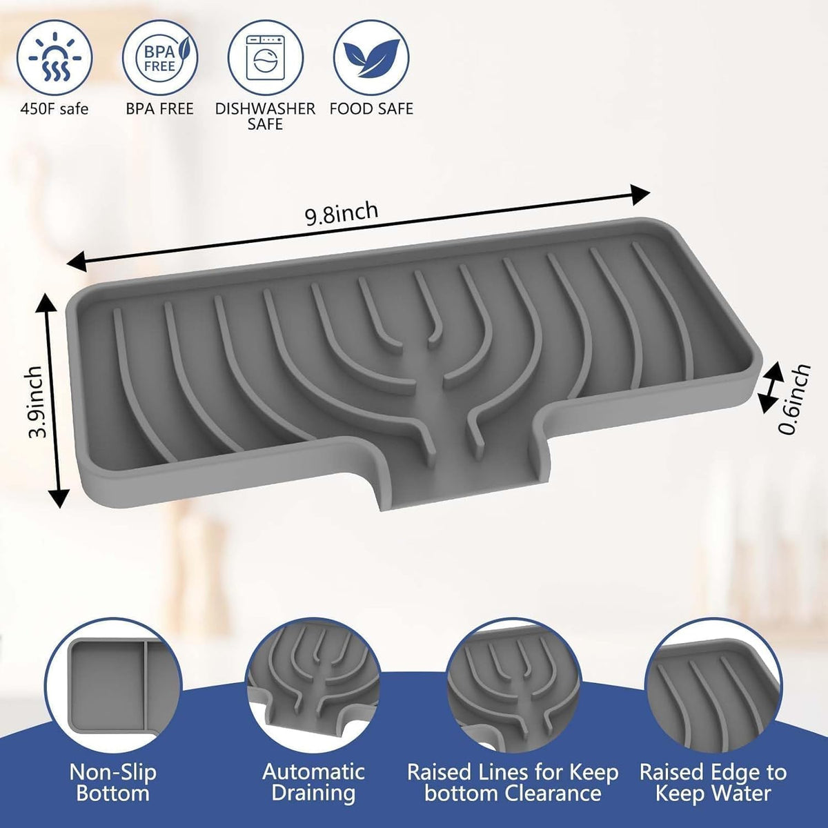 Silicone Sponge Holder for Kitchen Sink, (10x4 In) Sink Caddy with Drain Spout, Self Draining Soap Tray & Organizer, Kitchen Accessories,Bathroom Organizer, Easy to Clean (Grey)