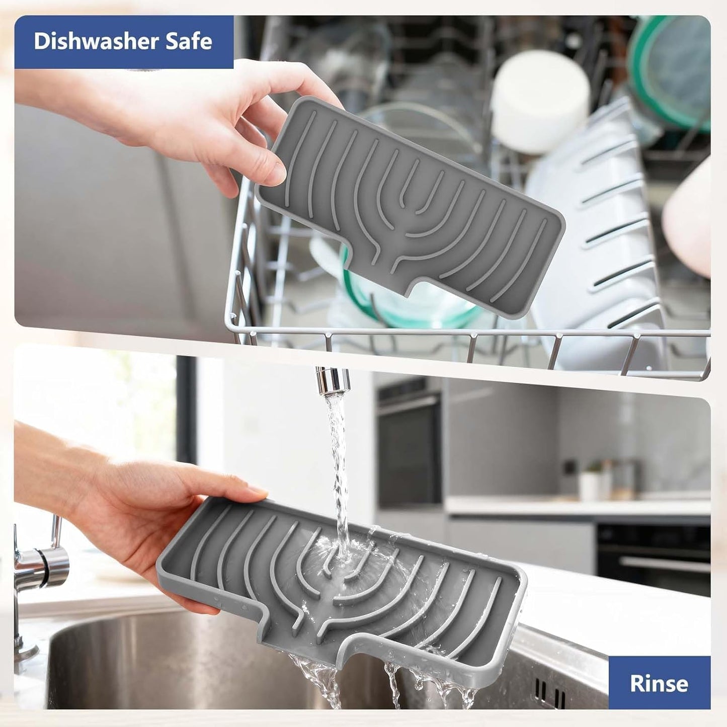 Silicone Sponge Holder for Kitchen Sink, (10x4 In) Sink Caddy with Drain Spout, Self Draining Soap Tray & Organizer, Kitchen Accessories,Bathroom Organizer, Easy to Clean (Grey)