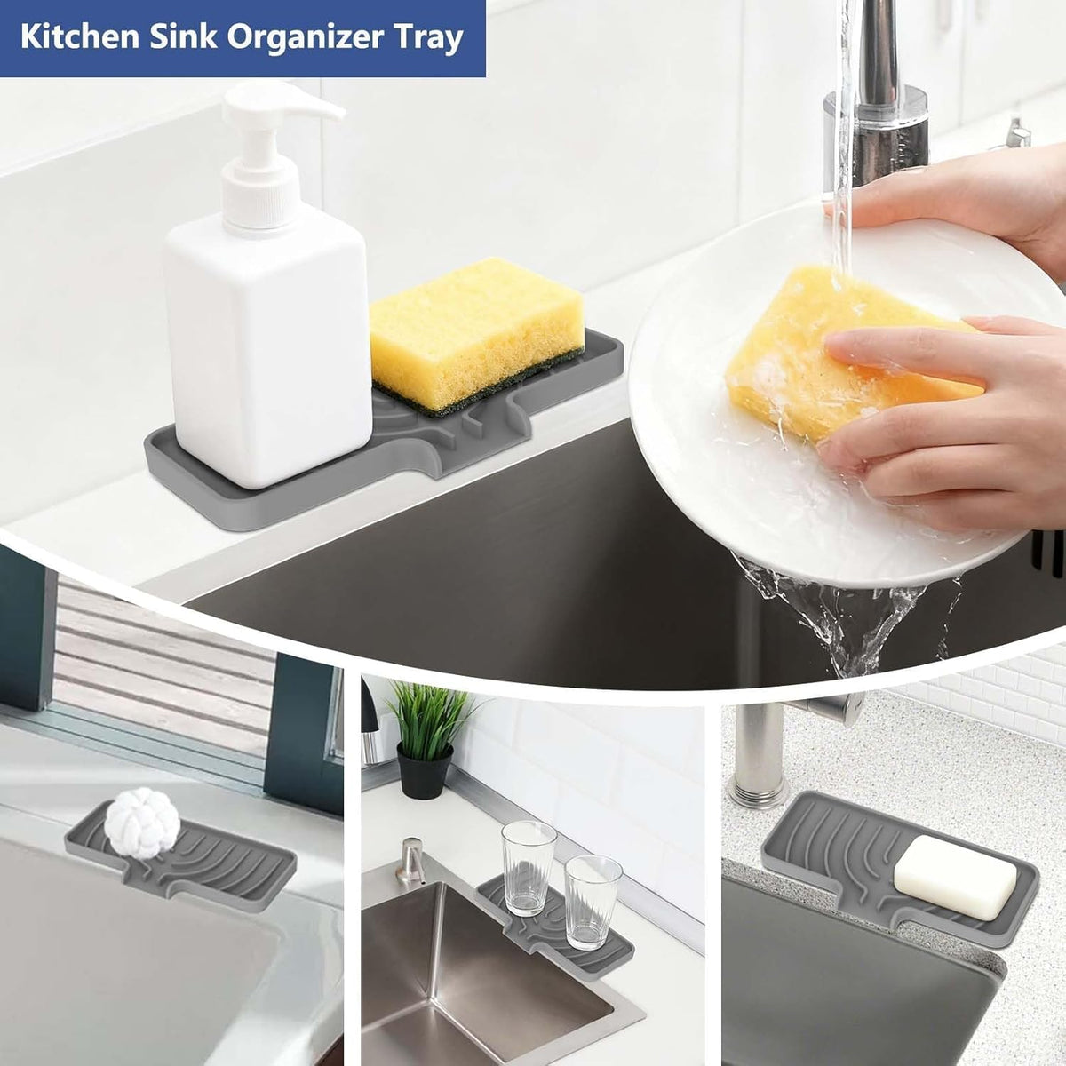 Silicone Sponge Holder for Kitchen Sink, (10x4 In) Sink Caddy with Drain Spout, Self Draining Soap Tray & Organizer, Kitchen Accessories,Bathroom Organizer, Easy to Clean (Grey)