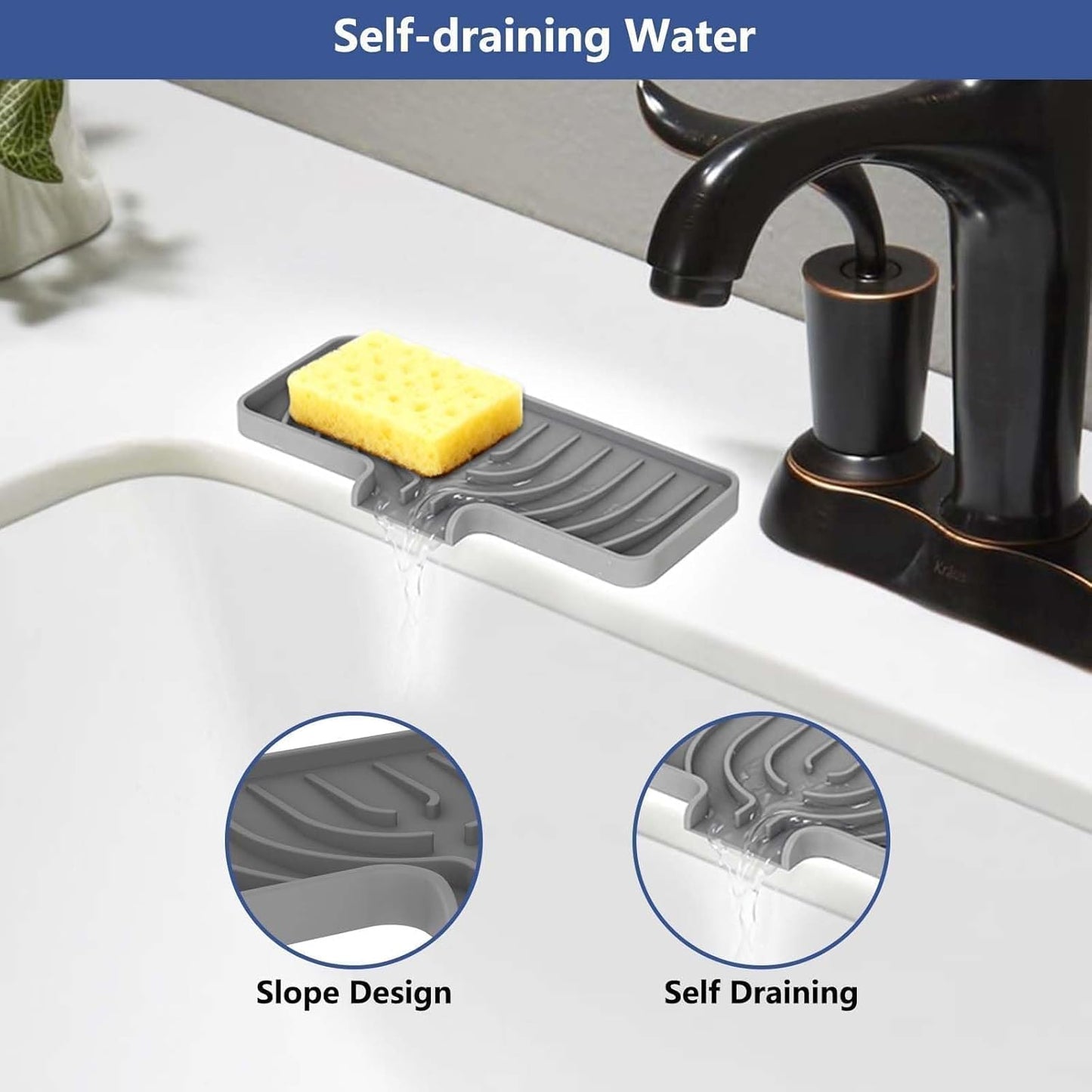 Silicone Sponge Holder for Kitchen Sink, (10x4 In) Sink Caddy with Drain Spout, Self Draining Soap Tray & Organizer, Kitchen Accessories,Bathroom Organizer, Easy to Clean (Grey)