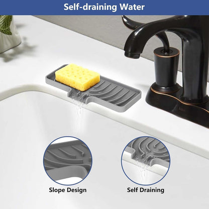 Silicone Sponge Holder for Kitchen Sink, (10x4 In) Sink Caddy with Drain Spout, Self Draining Soap Tray & Organizer, Kitchen Accessories,Bathroom Organizer, Easy to Clean (Grey)