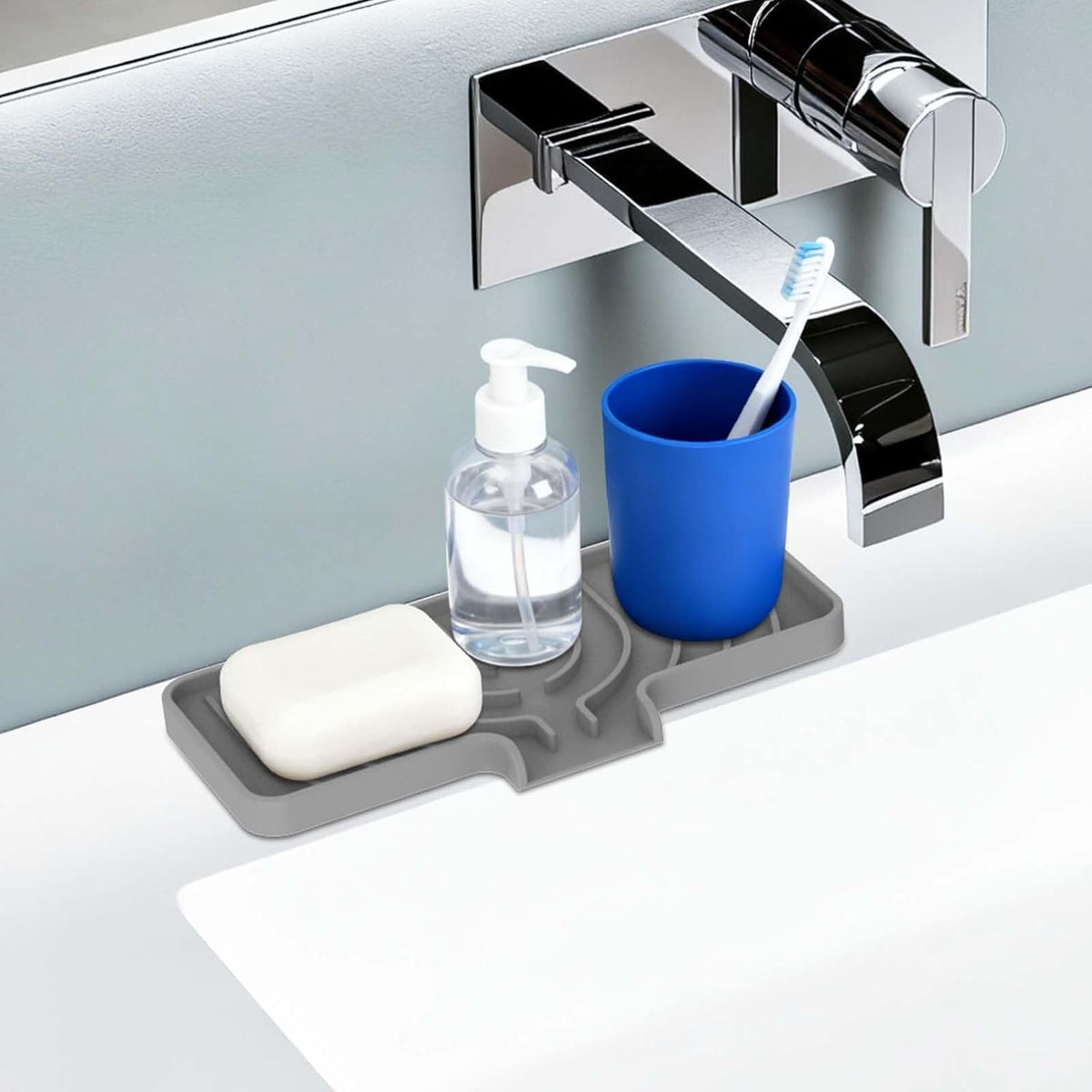Silicone Sponge Holder for Kitchen Sink, (10x4 In) Sink Caddy with Drain Spout, Self Draining Soap Tray & Organizer, Kitchen Accessories,Bathroom Organizer, Easy to Clean (Grey)
