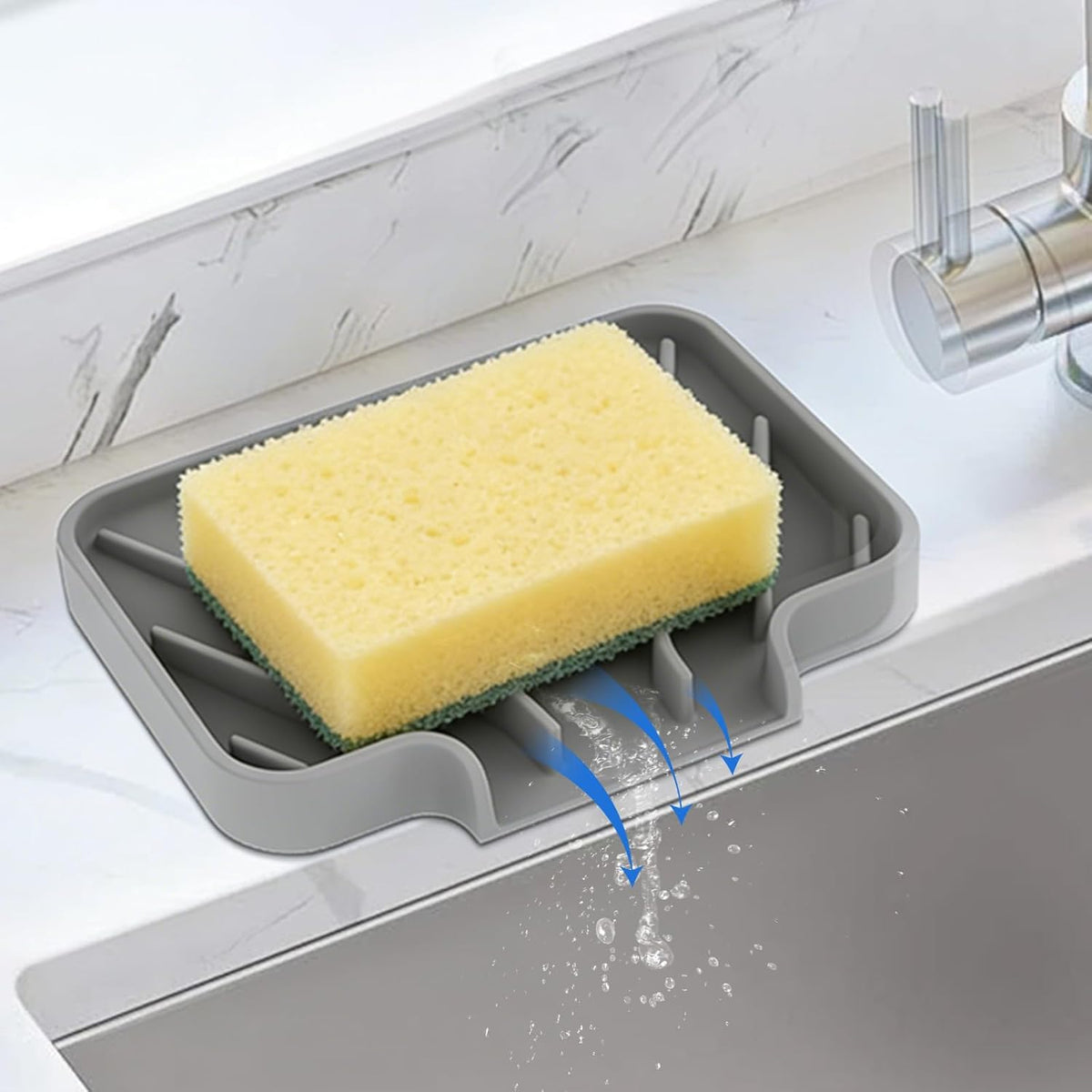 Silicone Sponge Holder for Kitchen Sink, (10x4 In) Sink Caddy with Drain Spout, Self Draining Soap Tray & Organizer, Kitchen Accessories,Bathroom Organizer, Easy to Clean (Grey)