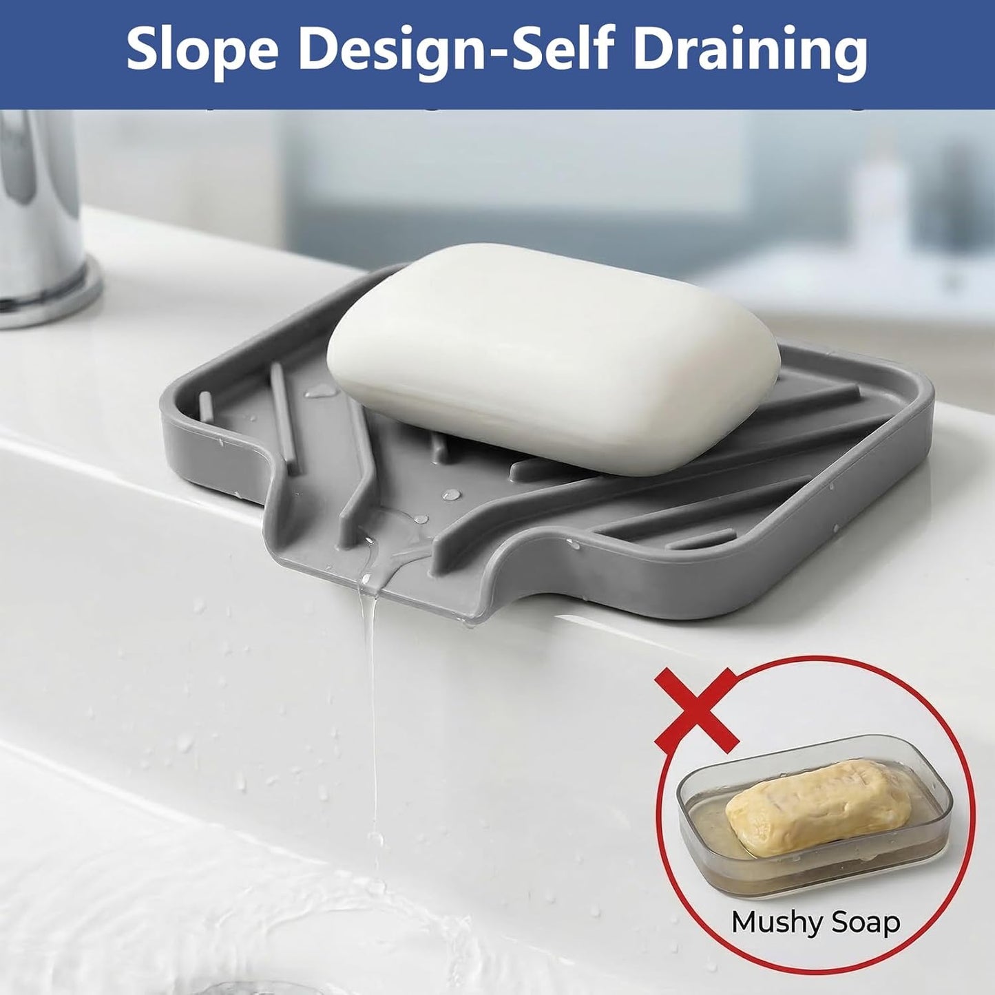 Silicone Sponge Holder for Kitchen Sink, (10x4 In) Sink Caddy with Drain Spout, Self Draining Soap Tray & Organizer, Kitchen Accessories,Bathroom Organizer, Easy to Clean (Grey)
