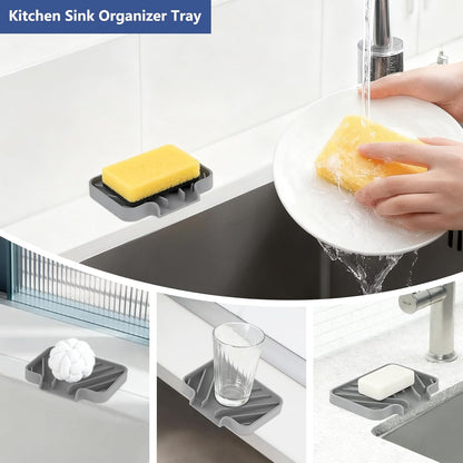 Silicone Sponge Holder for Kitchen Sink, (10x4 In) Sink Caddy with Drain Spout, Self Draining Soap Tray & Organizer, Kitchen Accessories,Bathroom Organizer, Easy to Clean (Grey)