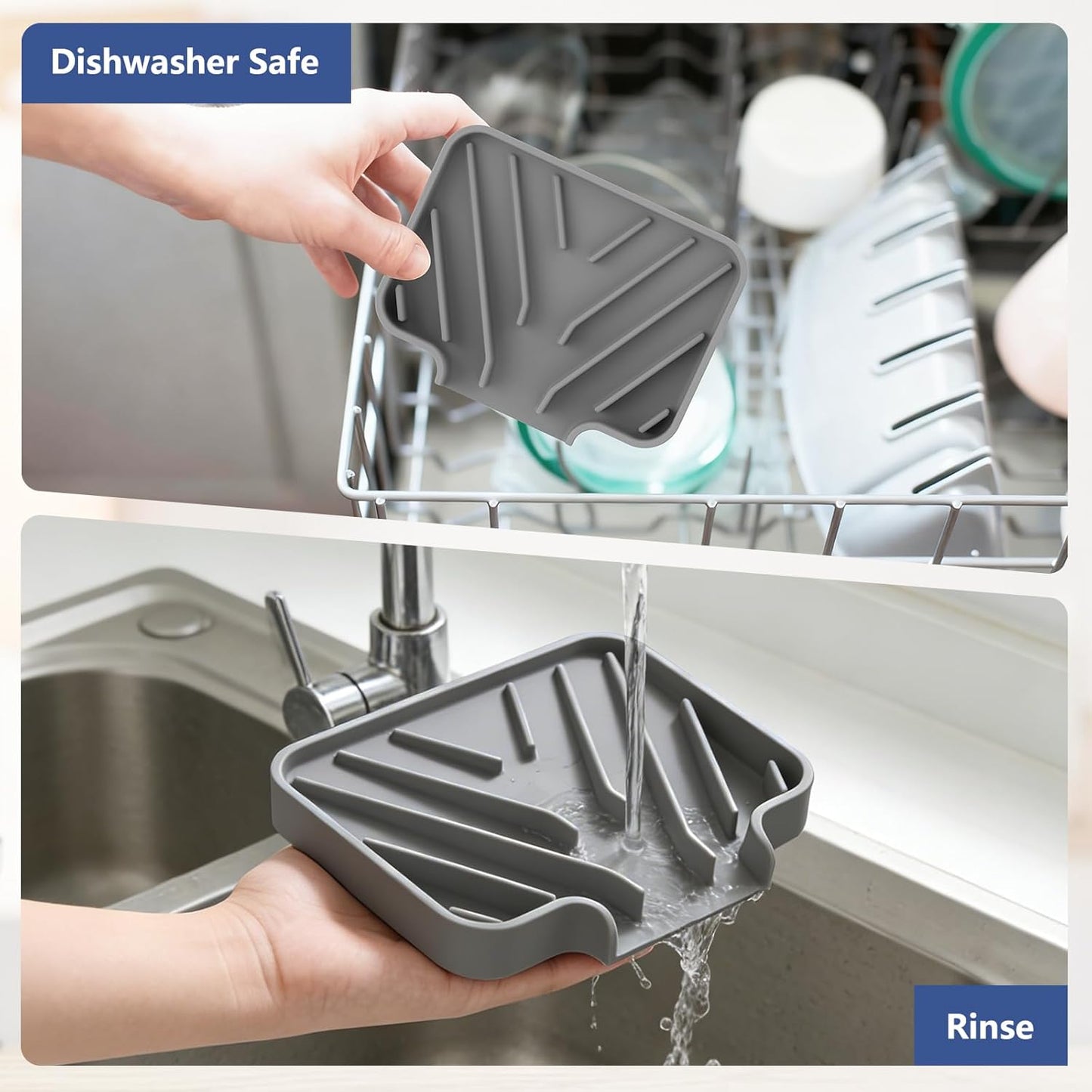 Silicone Sponge Holder for Kitchen Sink, (10x4 In) Sink Caddy with Drain Spout, Self Draining Soap Tray & Organizer, Kitchen Accessories,Bathroom Organizer, Easy to Clean (Grey)