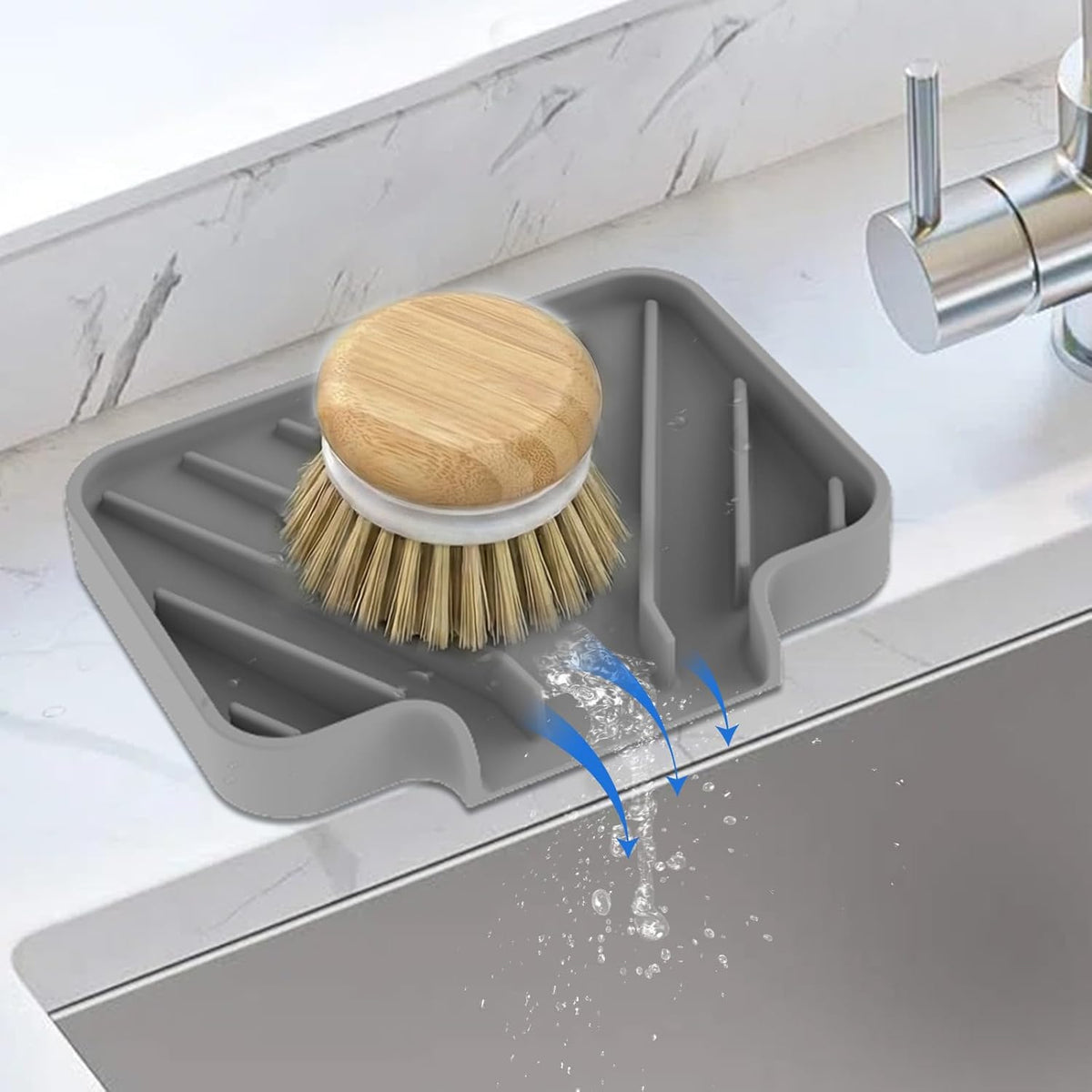 Silicone Sponge Holder for Kitchen Sink, (10x4 In) Sink Caddy with Drain Spout, Self Draining Soap Tray & Organizer, Kitchen Accessories,Bathroom Organizer, Easy to Clean (Grey)