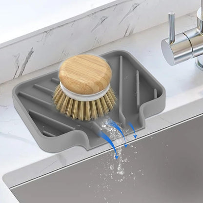 Silicone Sponge Holder for Kitchen Sink, (10x4 In) Sink Caddy with Drain Spout, Self Draining Soap Tray & Organizer, Kitchen Accessories,Bathroom Organizer, Easy to Clean (Grey)