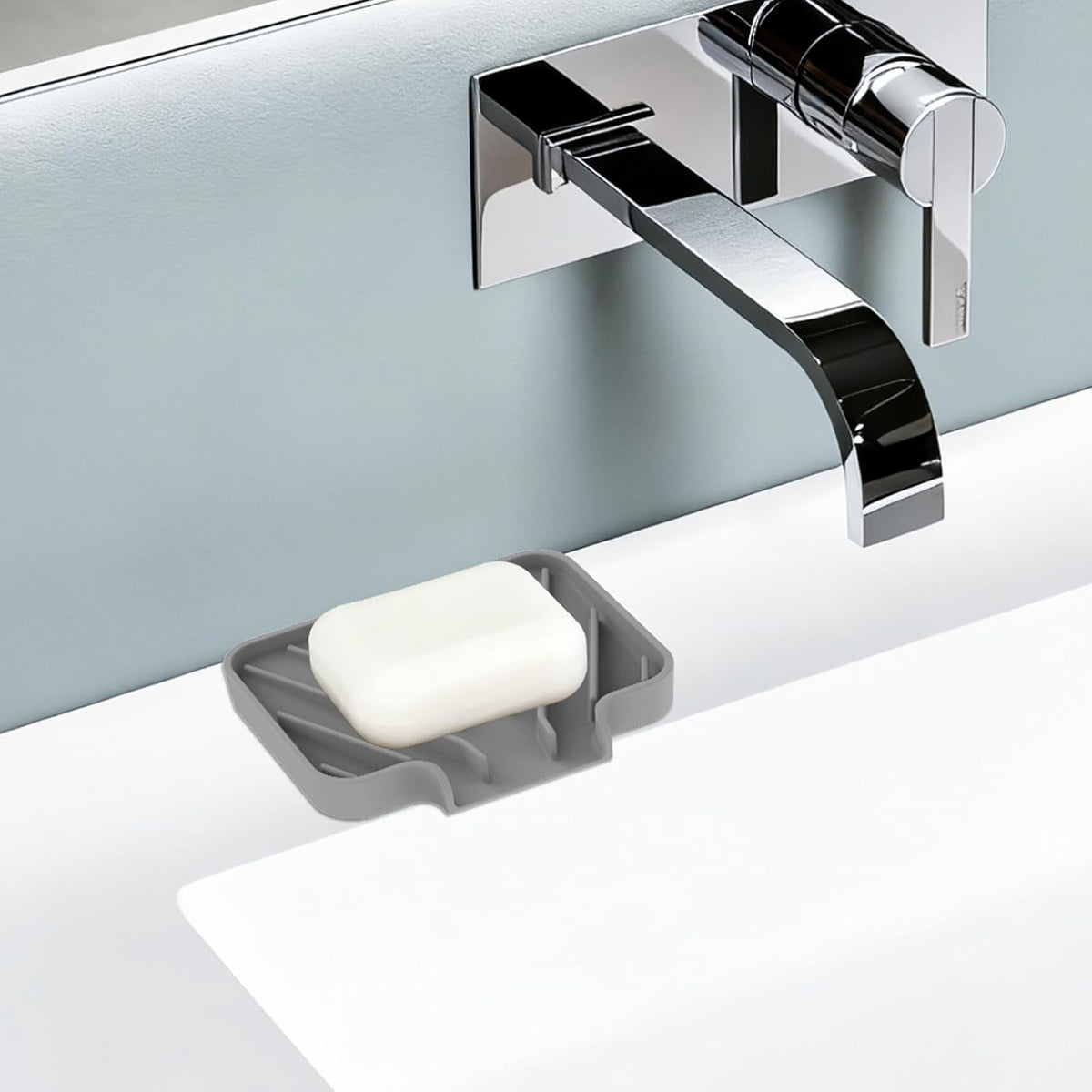 Silicone Sponge Holder for Kitchen Sink, (10x4 In) Sink Caddy with Drain Spout, Self Draining Soap Tray & Organizer, Kitchen Accessories,Bathroom Organizer, Easy to Clean (Grey)