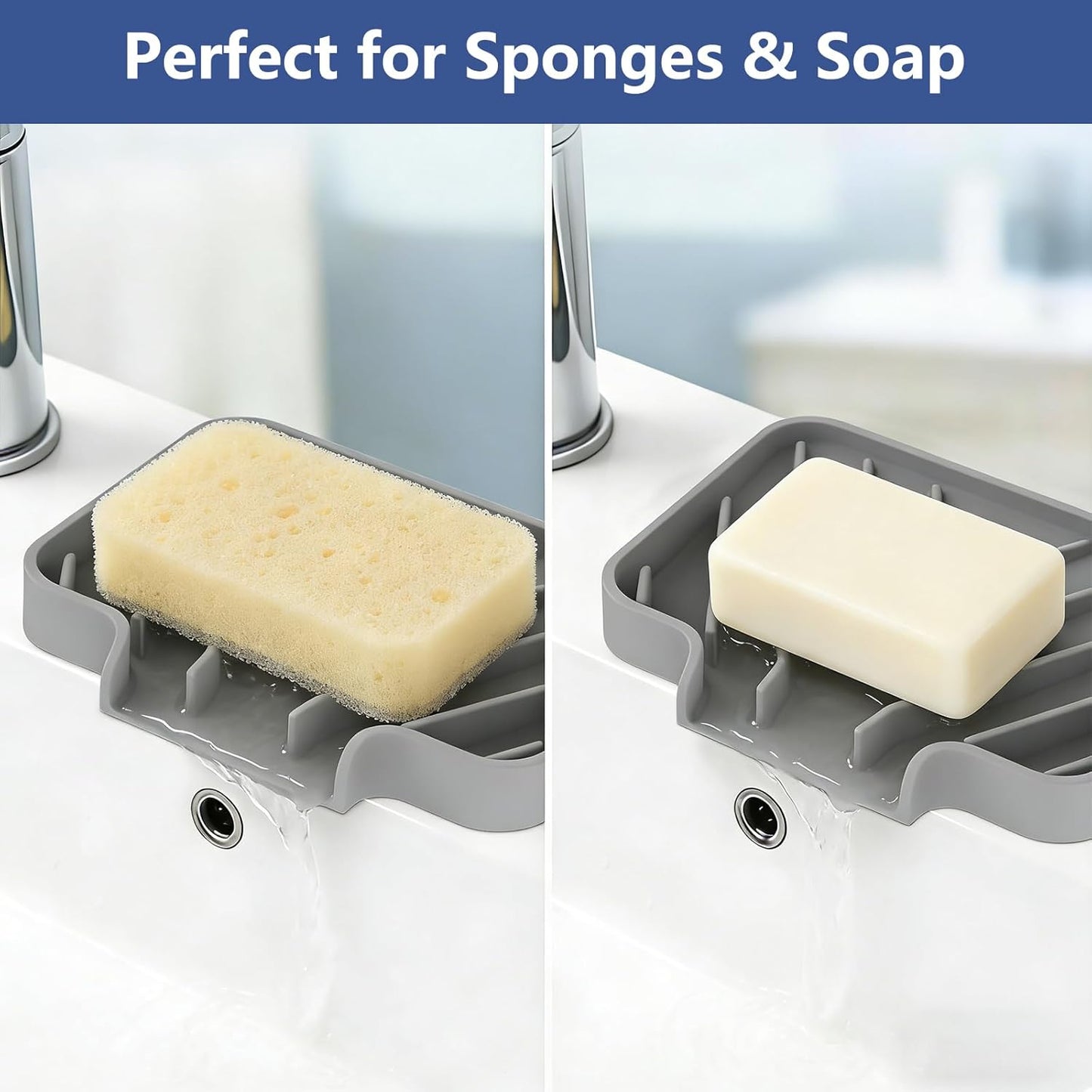Silicone Sponge Holder for Kitchen Sink, (10x4 In) Sink Caddy with Drain Spout, Self Draining Soap Tray & Organizer, Kitchen Accessories,Bathroom Organizer, Easy to Clean (Grey)
