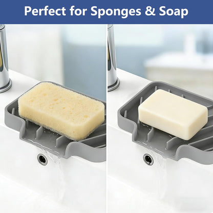 Silicone Sponge Holder for Kitchen Sink, (10x4 In) Sink Caddy with Drain Spout, Self Draining Soap Tray & Organizer, Kitchen Accessories,Bathroom Organizer, Easy to Clean (Grey)