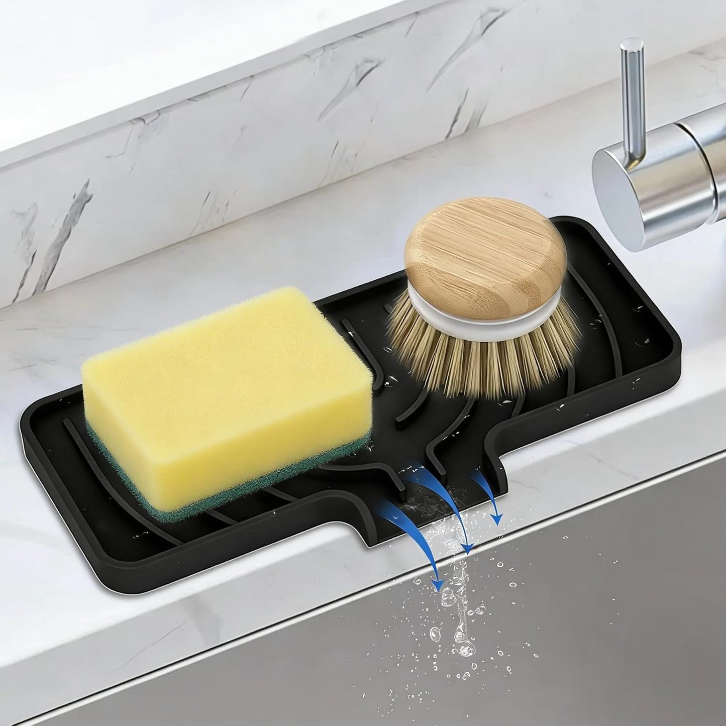 Silicone Sponge Holder for Kitchen Sink, (10x4 In) Sink Caddy with Drain Spout, Self Draining Soap Tray & Organizer, Kitchen Accessories,Bathroom Organizer, Easy to Clean (Grey)