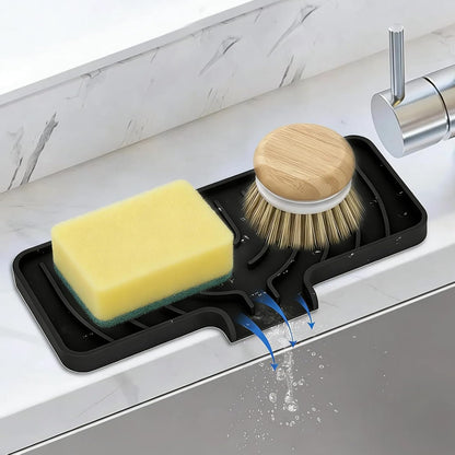 Silicone Sponge Holder for Kitchen Sink, (10x4 In) Sink Caddy with Drain Spout, Self Draining Soap Tray & Organizer, Kitchen Accessories,Bathroom Organizer, Easy to Clean (Grey)