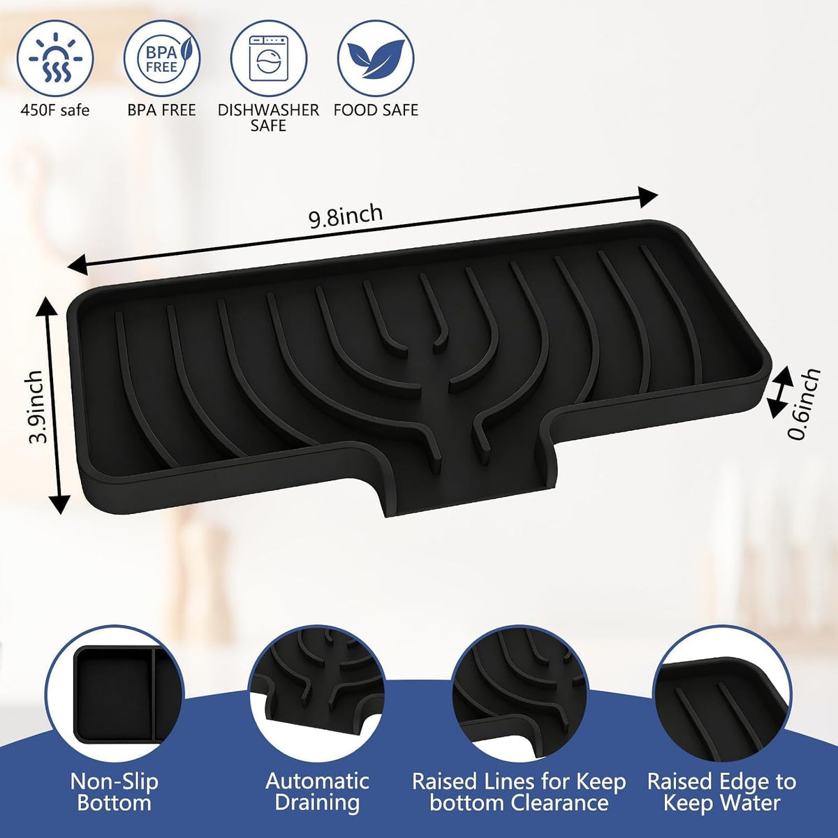 Silicone Sponge Holder for Kitchen Sink, (10x4 In) Sink Caddy with Drain Spout, Self Draining Soap Tray & Organizer, Kitchen Accessories,Bathroom Organizer, Easy to Clean (Grey)