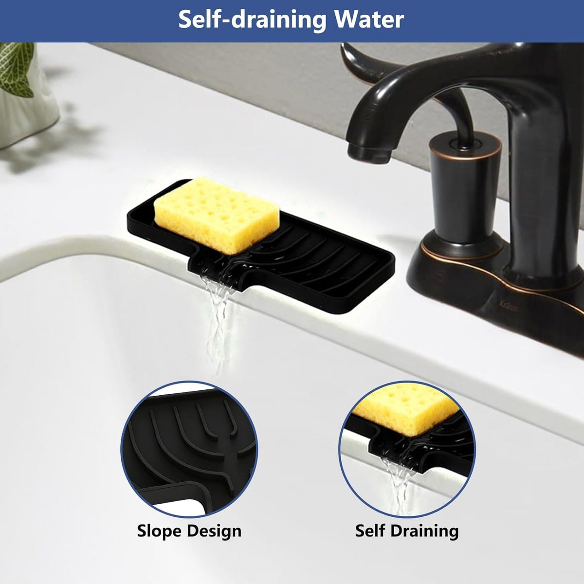 Silicone Sponge Holder for Kitchen Sink, (10x4 In) Sink Caddy with Drain Spout, Self Draining Soap Tray & Organizer, Kitchen Accessories,Bathroom Organizer, Easy to Clean (Grey)