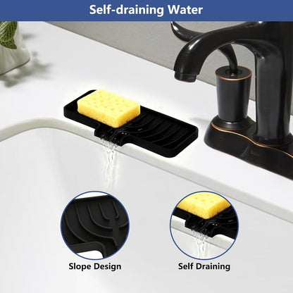 Silicone Sponge Holder for Kitchen Sink, (10x4 In) Sink Caddy with Drain Spout, Self Draining Soap Tray & Organizer, Kitchen Accessories,Bathroom Organizer, Easy to Clean (Grey)