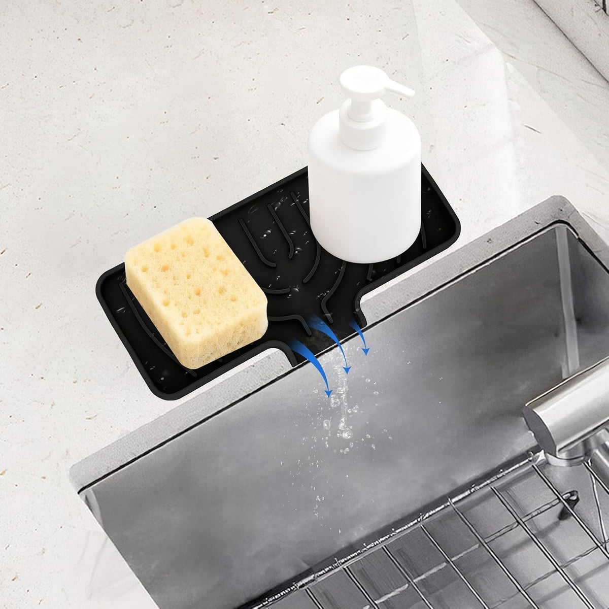 Silicone Sponge Holder for Kitchen Sink, (10x4 In) Sink Caddy with Drain Spout, Self Draining Soap Tray & Organizer, Kitchen Accessories,Bathroom Organizer, Easy to Clean (Grey)