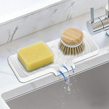 Silicone Sponge Holder for Kitchen Sink, (10x4 In) Sink Caddy with Drain Spout, Self Draining Soap Tray & Organizer, Kitchen Accessories,Bathroom Organizer, Easy to Clean (Grey)