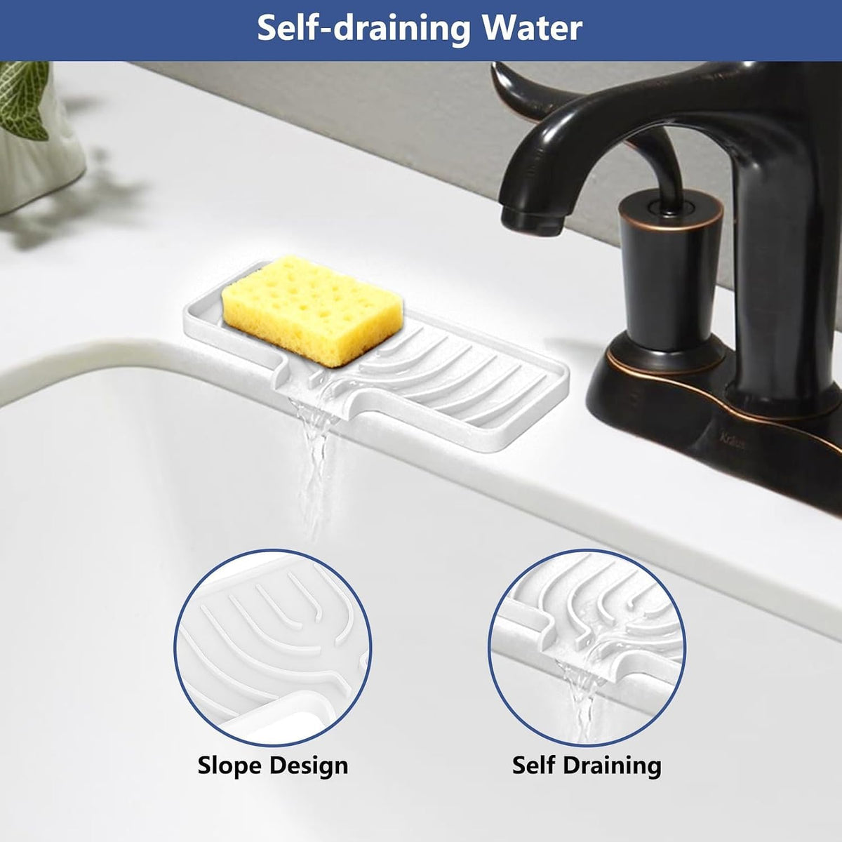 Silicone Sponge Holder for Kitchen Sink, (10x4 In) Sink Caddy with Drain Spout, Self Draining Soap Tray & Organizer, Kitchen Accessories,Bathroom Organizer, Easy to Clean (Grey)