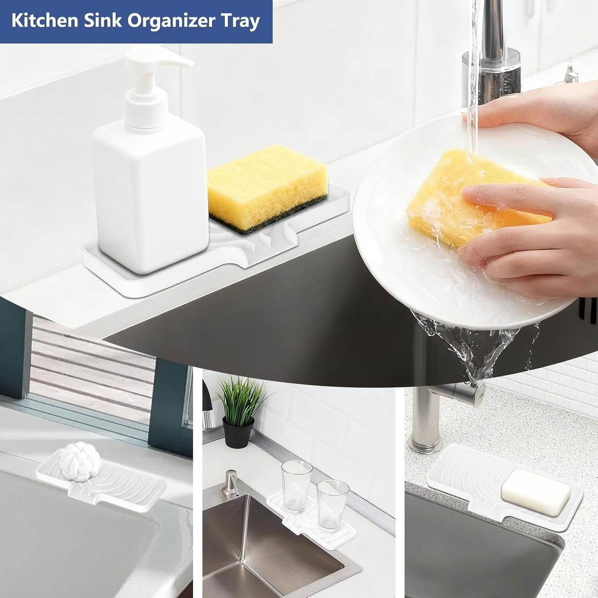 Silicone Sponge Holder for Kitchen Sink, (10x4 In) Sink Caddy with Drain Spout, Self Draining Soap Tray & Organizer, Kitchen Accessories,Bathroom Organizer, Easy to Clean (Grey)