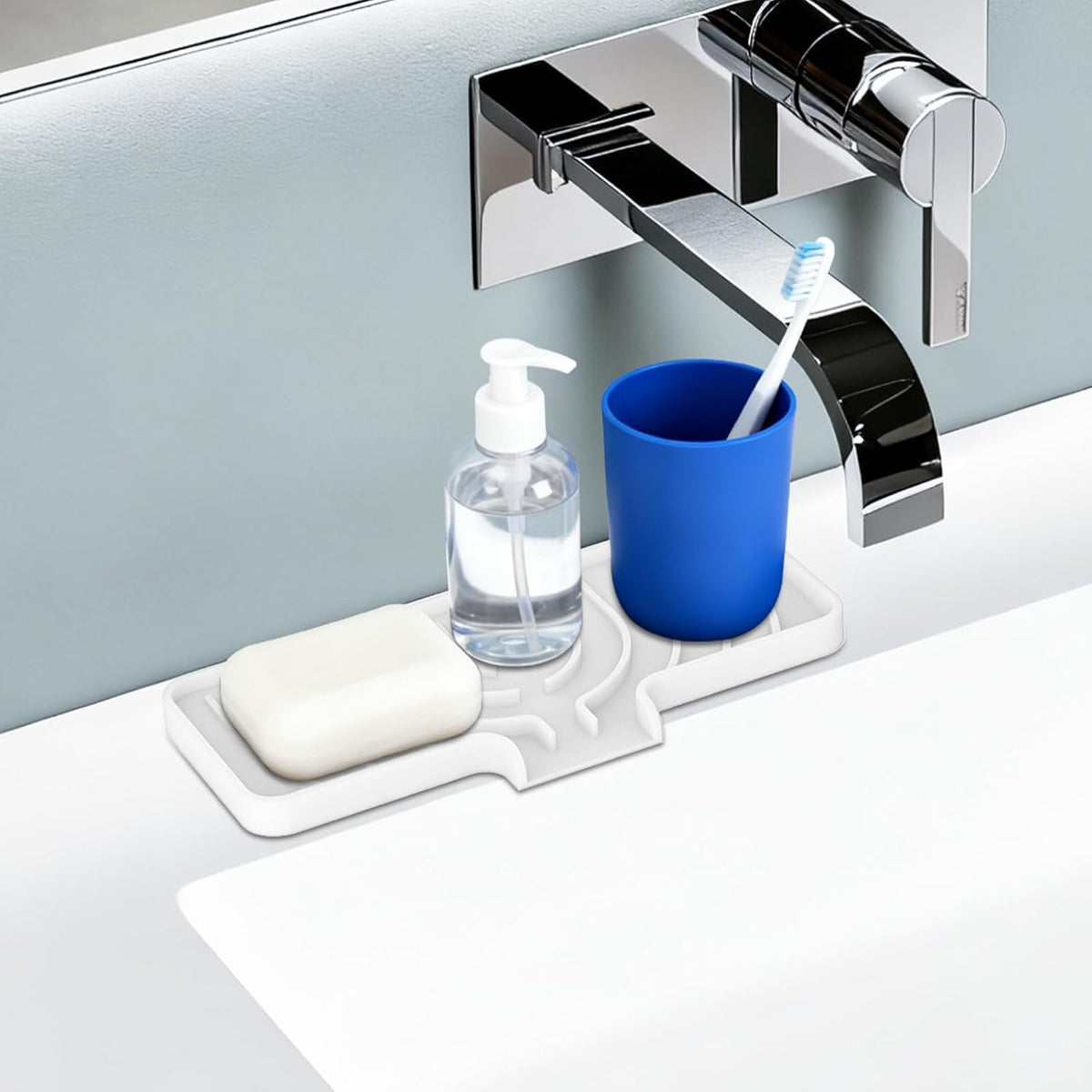 Silicone Sponge Holder for Kitchen Sink, (10x4 In) Sink Caddy with Drain Spout, Self Draining Soap Tray & Organizer, Kitchen Accessories,Bathroom Organizer, Easy to Clean (Grey)