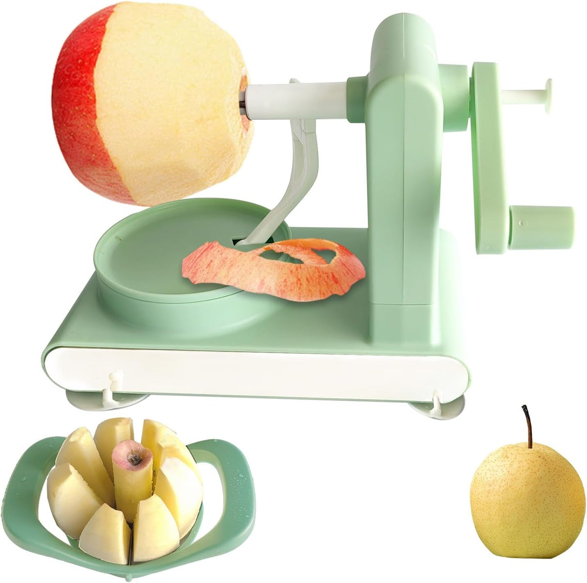 Apple Peeler, Slicer, and Corer Set – 8 Wedges Apple Slicer Corer，Stainless Steel Blades，Effortless Peeling for All Apples & pears (green)