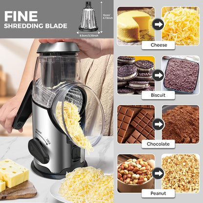 Rotary Cheese Grater with Handle - Vegetable Shredder with 3 Stainless Steel Blades & Strong Suction Base,Round Mandoline Slicer & Food Chopper for Kitchen
