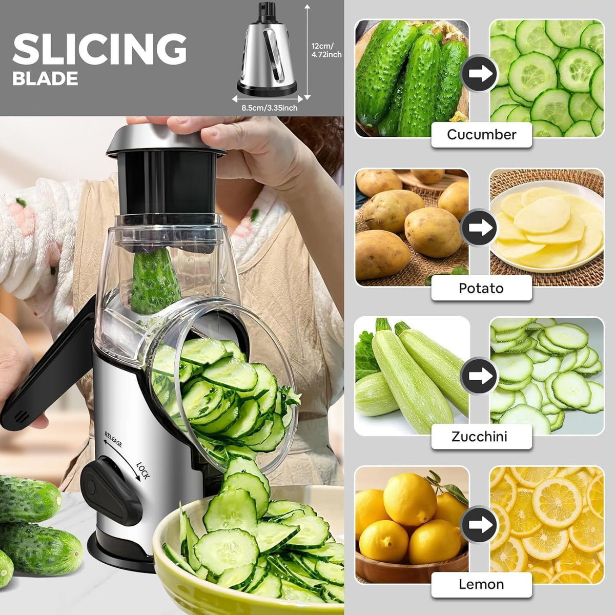 Rotary Cheese Grater with Handle - Vegetable Shredder with 3 Stainless Steel Blades & Strong Suction Base,Round Mandoline Slicer & Food Chopper for Kitchen