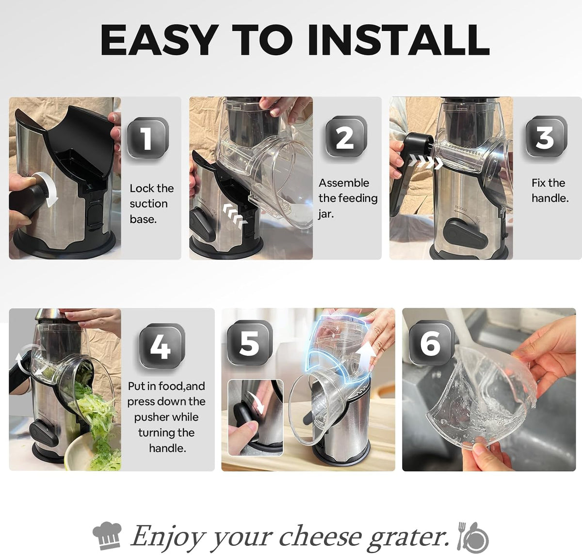 Rotary Cheese Grater with Handle - Vegetable Shredder with 3 Stainless Steel Blades & Strong Suction Base,Round Mandoline Slicer & Food Chopper for Kitchen
