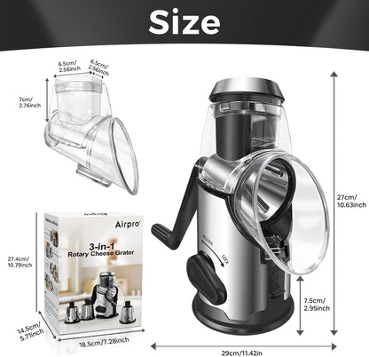 Rotary Cheese Grater with Handle - Vegetable Shredder with 3 Stainless Steel Blades & Strong Suction Base,Round Mandoline Slicer & Food Chopper for Kitchen