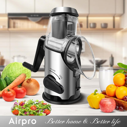 Rotary Cheese Grater with Handle - Vegetable Shredder with 3 Stainless Steel Blades & Strong Suction Base,Round Mandoline Slicer & Food Chopper for Kitchen