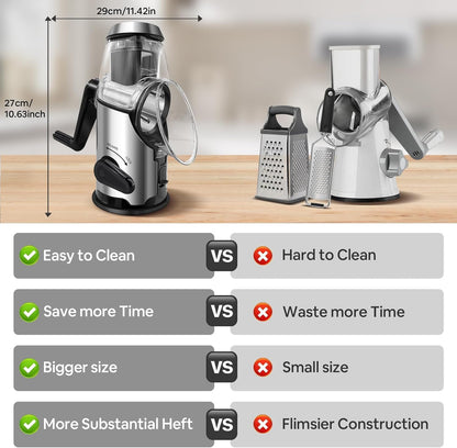 Rotary Cheese Grater with Handle - Vegetable Shredder with 3 Stainless Steel Blades & Strong Suction Base,Round Mandoline Slicer & Food Chopper for Kitchen