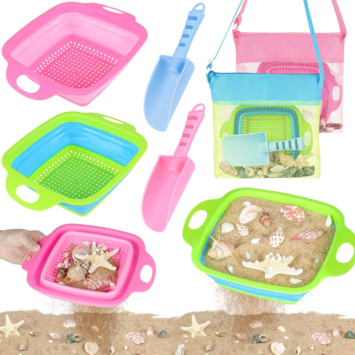 Beachcombing Kit, 2 Collapsible Sand Sifters for Kids Ages 3-12