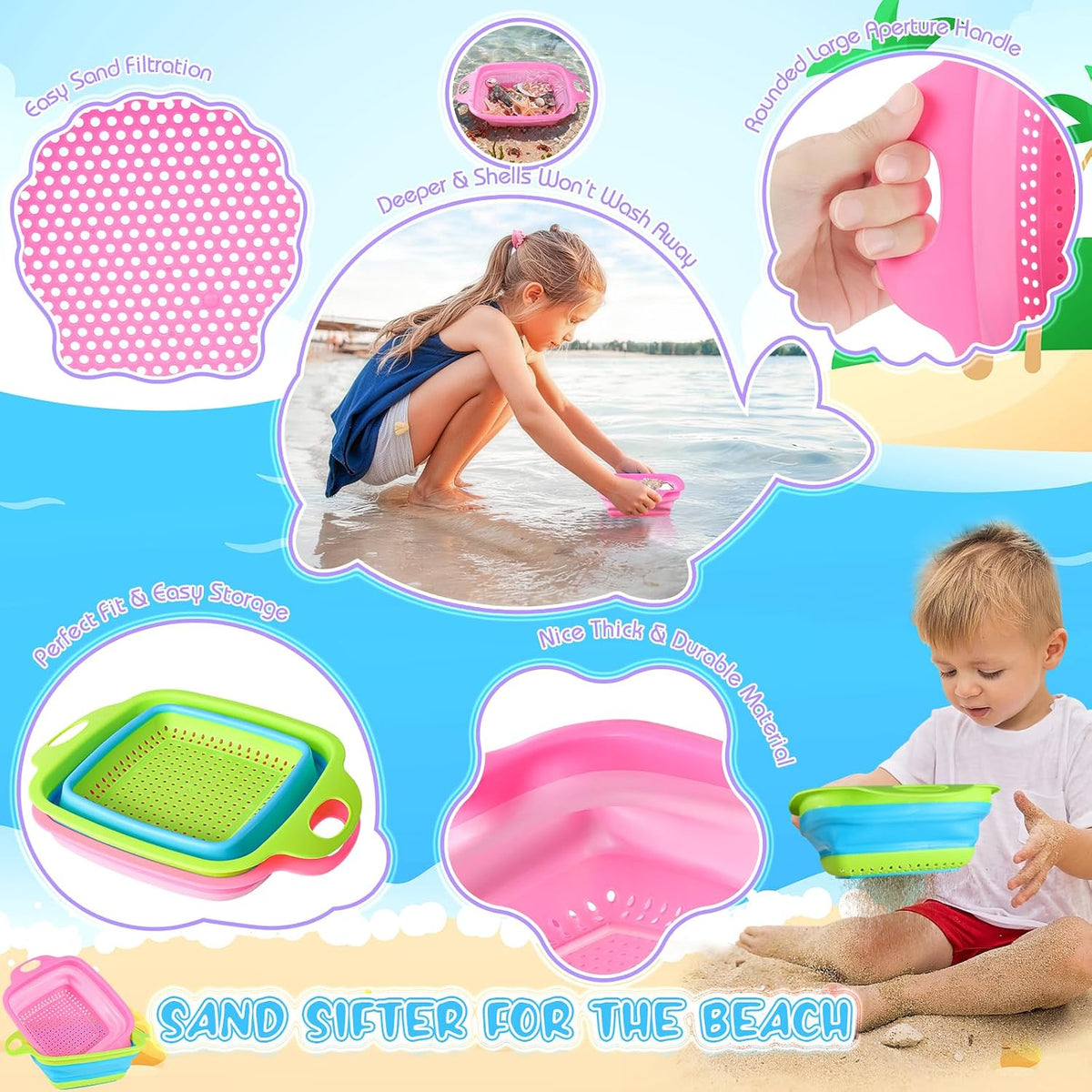 Beachcombing Kit, 2 Collapsible Sand Sifters for Kids Ages 3-12
