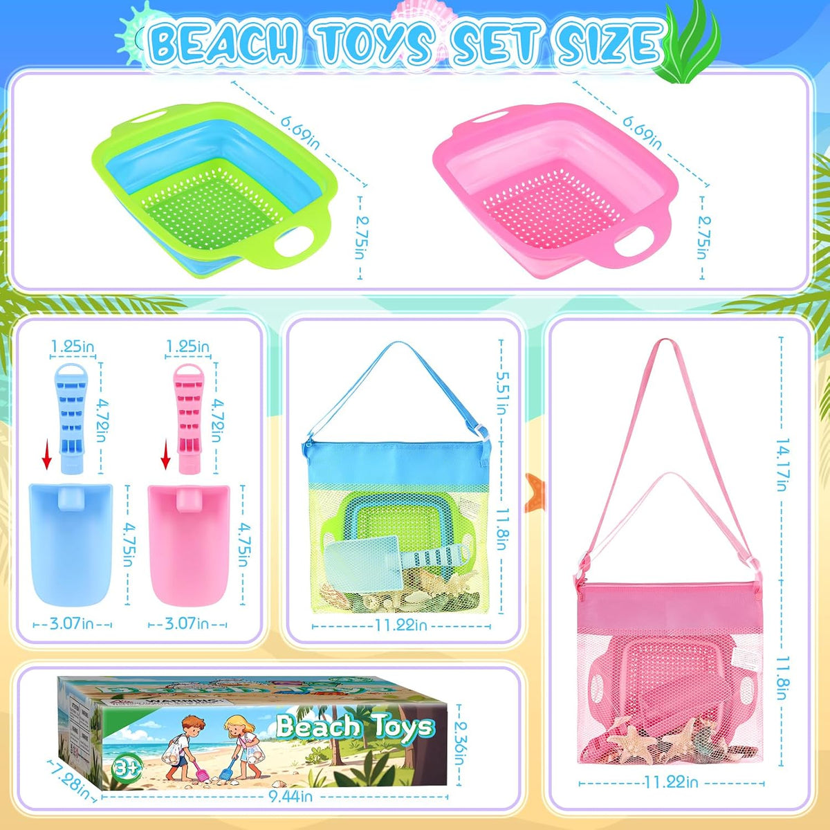 Beachcombing Kit, 2 Collapsible Sand Sifters for Kids Ages 3-12