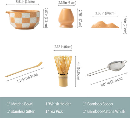 Premium 7-Piece Matcha Tea Set – Traditional Japanese Style with Elegant Grid Pattern, Includes Bamboo Whisk, Ceramic Bowl, Scoop & More – Perfect for Matcha Lovers & Tea Ceremony (Orange grid)