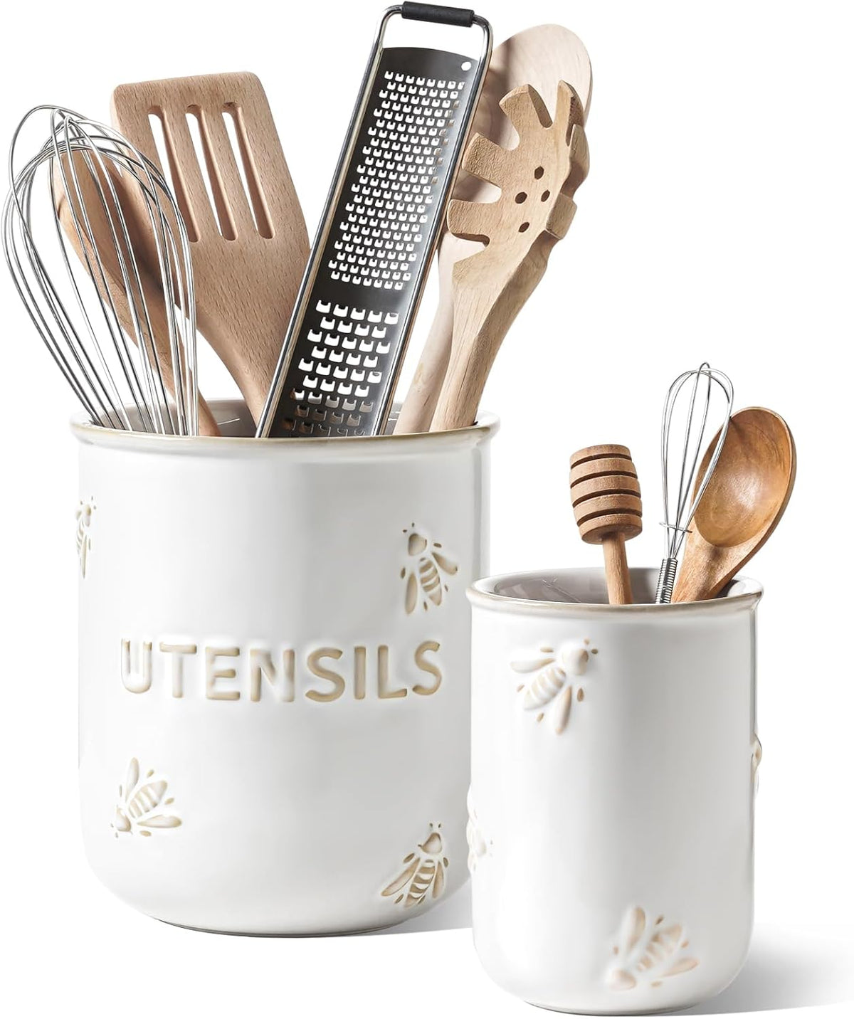 Kitchen Utensil Holder Set of 2 - 6.9"+5.3" Large Ceramic Cooking Utensil Crock & Organizer for Spatula, Spoon, Whisk - Farmhouse Countertop Storage, Arctic White, Embossed, Bee