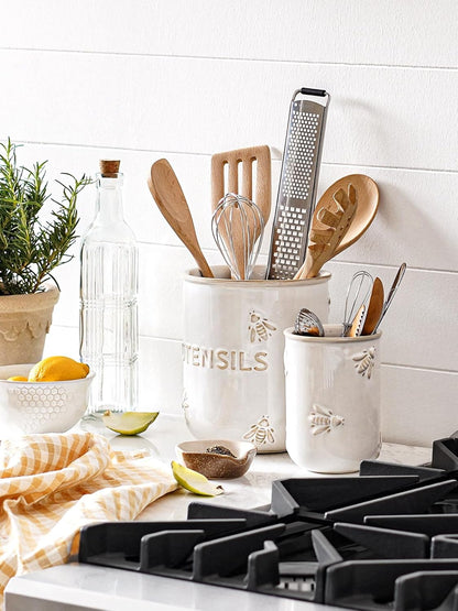 Kitchen Utensil Holder Set of 2 - 6.9"+5.3" Large Ceramic Cooking Utensil Crock & Organizer for Spatula, Spoon, Whisk - Farmhouse Countertop Storage, Arctic White, Embossed, Bee