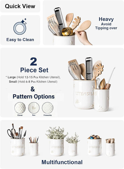 Kitchen Utensil Holder Set of 2 - 6.9"+5.3" Large Ceramic Cooking Utensil Crock & Organizer for Spatula, Spoon, Whisk - Farmhouse Countertop Storage, Arctic White, Embossed, Bee