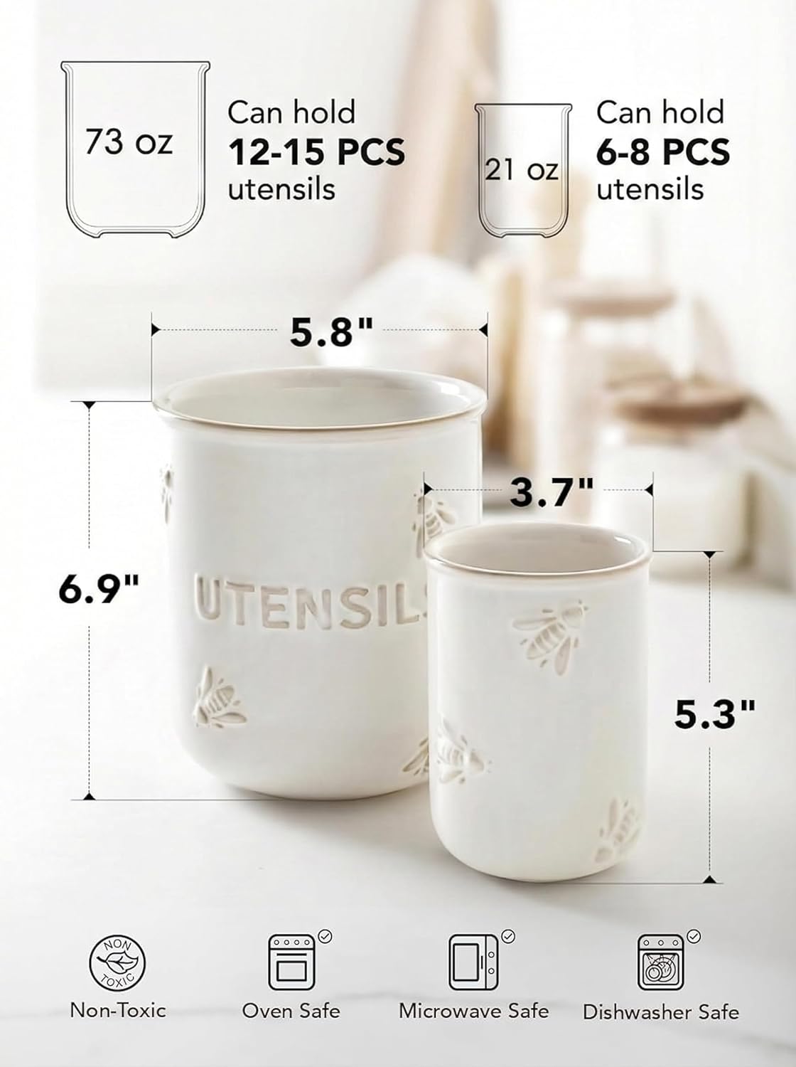 Kitchen Utensil Holder Set of 2 - 6.9"+5.3" Large Ceramic Cooking Utensil Crock & Organizer for Spatula, Spoon, Whisk - Farmhouse Countertop Storage, Arctic White, Embossed, Bee