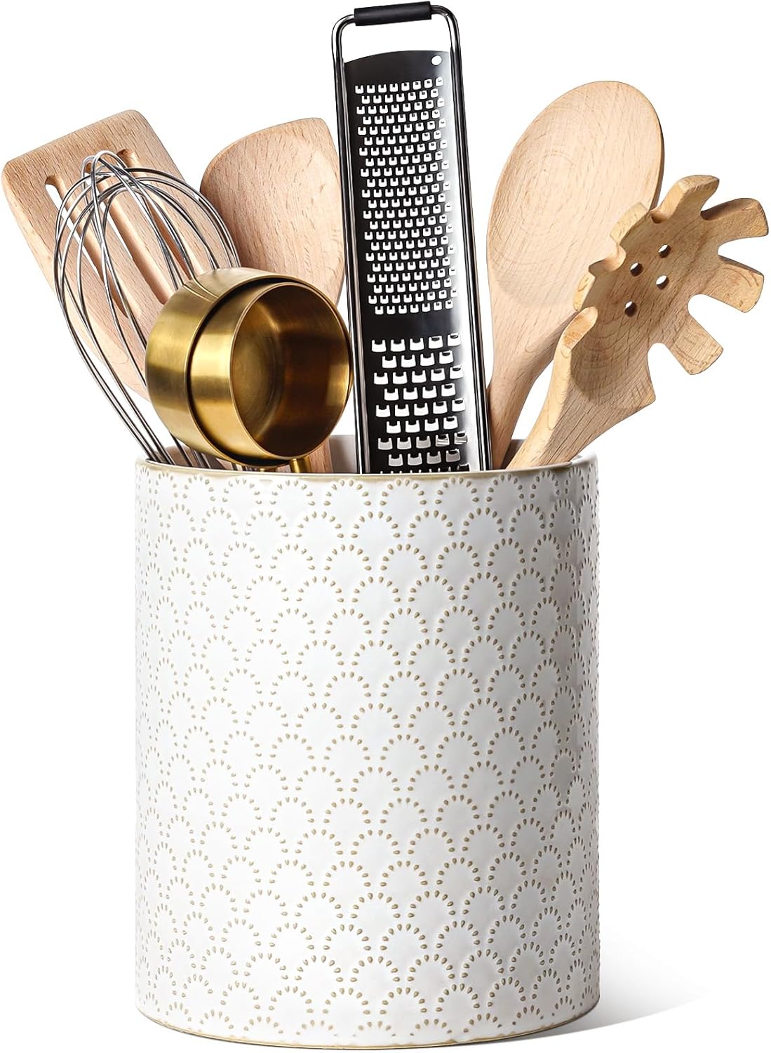 Kitchen Utensil Holder Set of 2 - 6.9"+5.3" Large Ceramic Cooking Utensil Crock & Organizer for Spatula, Spoon, Whisk - Farmhouse Countertop Storage, Arctic White, Embossed, Bee