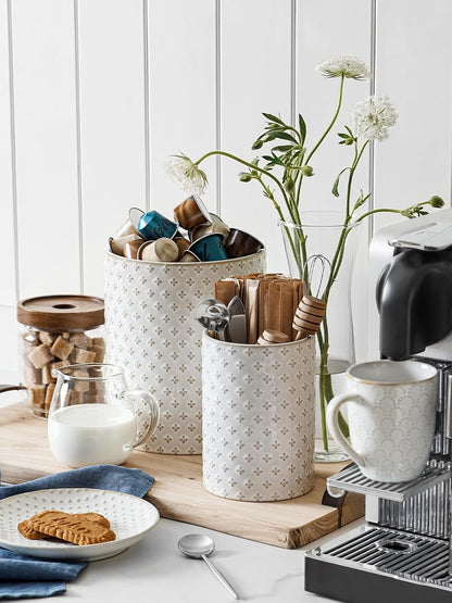 Kitchen Utensil Holder Set of 2 - 6.9"+5.3" Large Ceramic Cooking Utensil Crock & Organizer for Spatula, Spoon, Whisk - Farmhouse Countertop Storage, Arctic White, Embossed, Bee