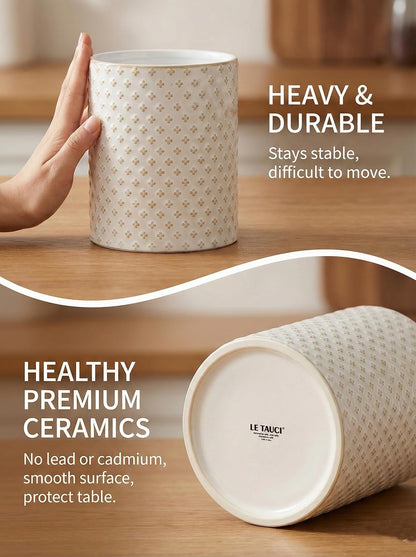 Kitchen Utensil Holder Set of 2 - 6.9"+5.3" Large Ceramic Cooking Utensil Crock & Organizer for Spatula, Spoon, Whisk - Farmhouse Countertop Storage, Arctic White, Embossed, Bee