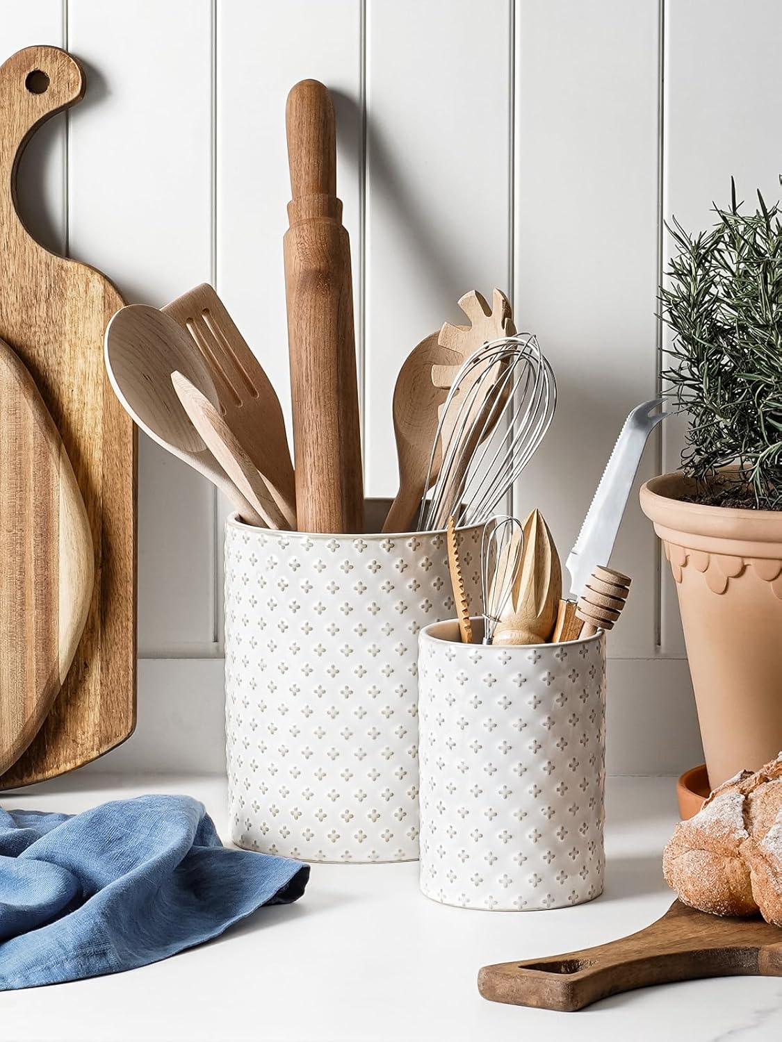 Kitchen Utensil Holder Set of 2 - 6.9"+5.3" Large Ceramic Cooking Utensil Crock & Organizer for Spatula, Spoon, Whisk - Farmhouse Countertop Storage, Arctic White, Embossed, Bee