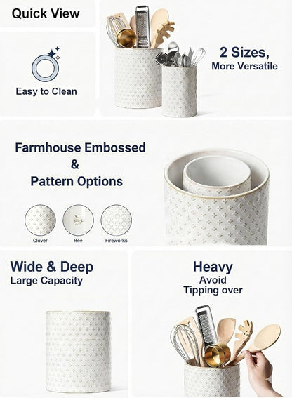 Kitchen Utensil Holder Set of 2 - 6.9"+5.3" Large Ceramic Cooking Utensil Crock & Organizer for Spatula, Spoon, Whisk - Farmhouse Countertop Storage, Arctic White, Embossed, Bee