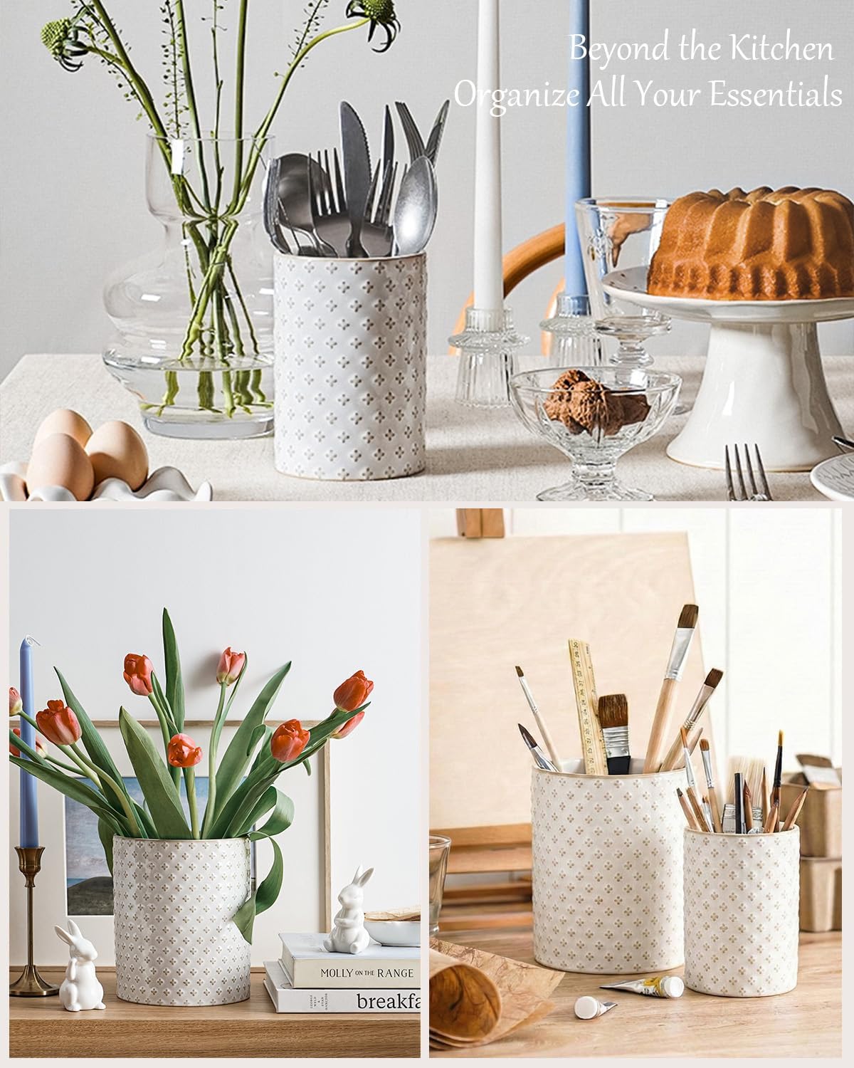 Kitchen Utensil Holder Set of 2 - 6.9"+5.3" Large Ceramic Cooking Utensil Crock & Organizer for Spatula, Spoon, Whisk - Farmhouse Countertop Storage, Arctic White, Embossed, Bee