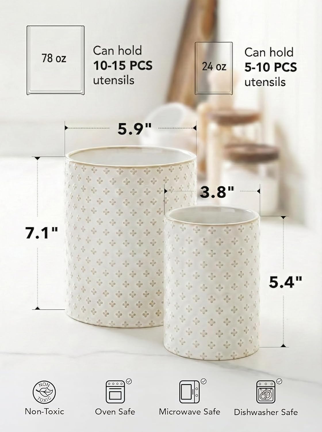 Kitchen Utensil Holder Set of 2 - 6.9"+5.3" Large Ceramic Cooking Utensil Crock & Organizer for Spatula, Spoon, Whisk - Farmhouse Countertop Storage, Arctic White, Embossed, Bee