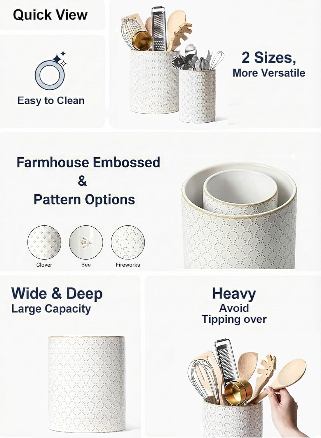 Kitchen Utensil Holder Set of 2 - 6.9"+5.3" Large Ceramic Cooking Utensil Crock & Organizer for Spatula, Spoon, Whisk - Farmhouse Countertop Storage, Arctic White, Embossed, Bee