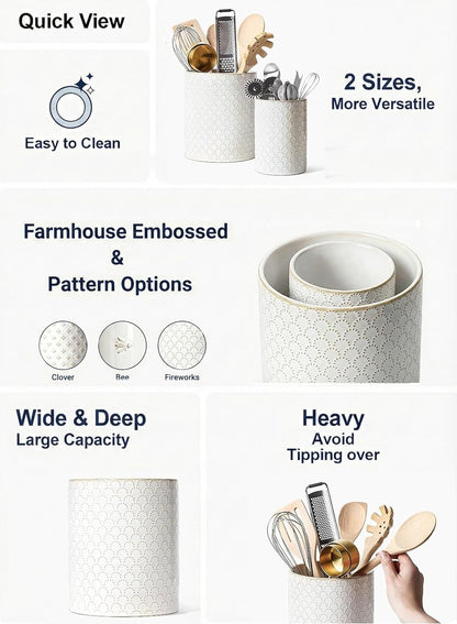 Kitchen Utensil Holder Set of 2 - 6.9"+5.3" Large Ceramic Cooking Utensil Crock & Organizer for Spatula, Spoon, Whisk - Farmhouse Countertop Storage, Arctic White, Embossed, Bee